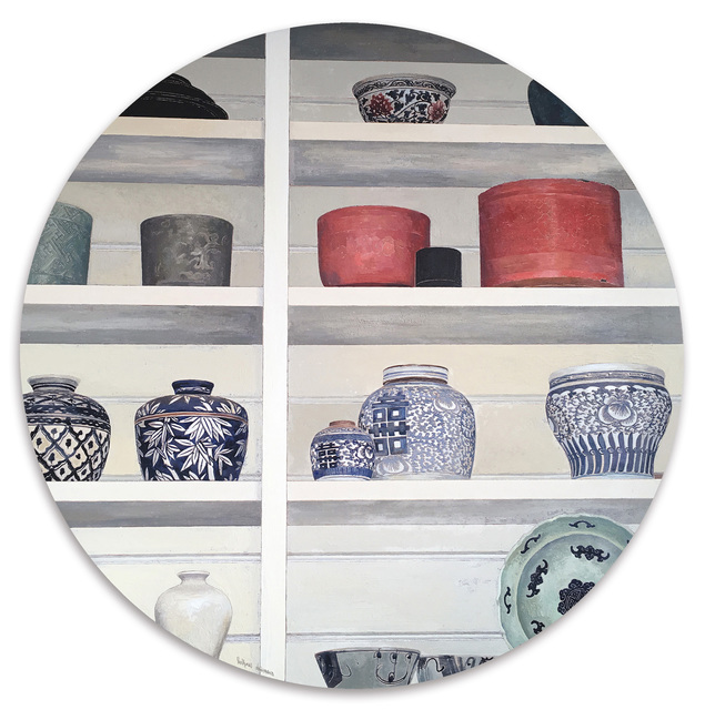 Cressida Campbell, ‘Celadon with ceramics and lacquerware’, 2018, Painting, Unique woodblock print, Sophie Gannon Gallery