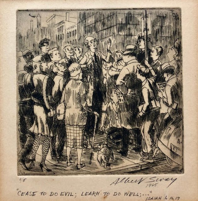 Albert Sway, ‘New York Social Realist Etching Cease To Do Evil Learn To Do Well WPA Artist NYC’, 1960-1969, Print, Etching, Lions Gallery