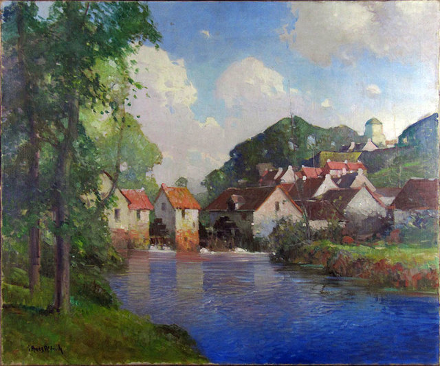 George Ames Aldrich, ‘Summer Village on Blue Stream’, ca. 1910, Painting, Oil on Canvas, Janus Galleries