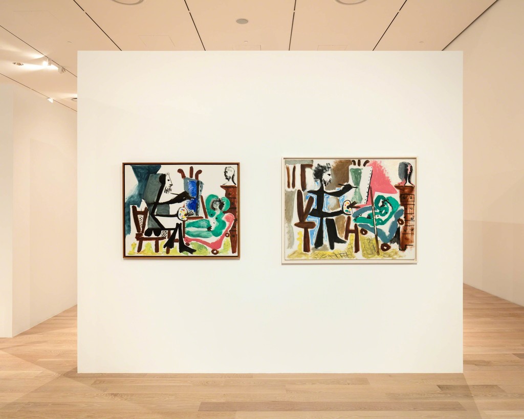 Pablo Picasso, Le peintre et son modèle (The Painter and his Model), 1963; Le peintre et son modèle II (The Painter and his Model II), 1963. Oil on canvas. Nahmad Collection, Monaco. Installation view: "The Everywhere Studio," Institute of Contemporary Art, Miami, Dec 1, 2017–Feb 26, 2018. Photo: Fredrik Nilsen Studio. Pablo Picasso, Le peintre et son modèle (The Painter and his Model), 1963; Le peintre et son modèle II (The Painter and his Model II), 1963. Oil on canvas. Nahmad Collection, Monaco. Installation view: "The Everywhere Studio," Institute of Contemporary Art, Miami, Dec 1, 2017–Feb 26, 2018. Photo: Fredrik Nilsen Studio.