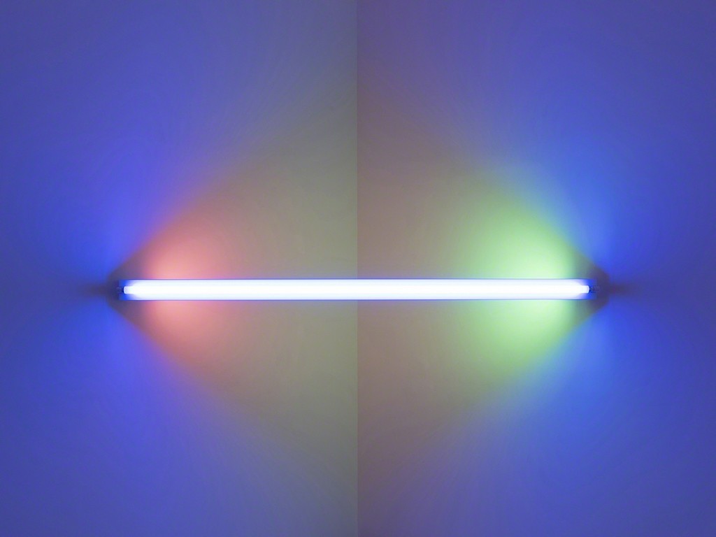 Dan Flavin, untitled (to Janie Lee) one, 1971. Blue, pink, yellow, and green fluorescent light. 8 ft. wide across a corner. Installation view: Dan Flavin: cornered fluorescent light, Mana Contemporary, Jersey City, 2018. Photo: John Berens. Courtesy of the Estate of Dan Flavin
Dan Flavin, untitled (to Janie Lee) one, 1971. Blue, pink, yellow, and green fluorescent light. 8 ft. wide across a corner. Installation view: Dan Flavin: cornered fluorescent light, Mana Contemporary, Jersey City, 2018. Photo: John Berens. Courtesy of the Estate of Dan Flavin