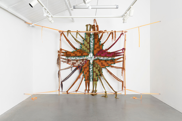 Kira Dominguez Hultgren, ‘Arose’, 2019, Textile Arts, Virgin and less pure wool in homespun marigold and primitive rust; mixed yarn blends from the U.S., U.K., and Canada; Indian cotton; Chinese silk; climbing gym rope from Berkeley Ironworks; found wooden frame bars and stakes; cam straps and d-rings., Eleanor Harwood Gallery