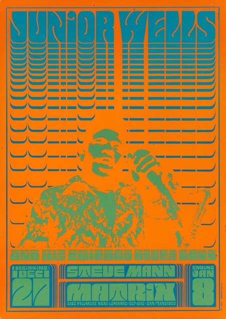 Victor Moscoso, ‘Neon Rose #1: Junior Wells and his Chicago Blues Band’, 1966, Print, Lithograph in colors on paper, Heritage Auctions