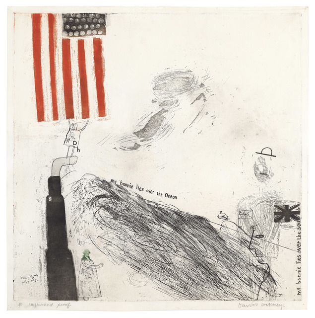 David Hockney, ‘My Bonnie Lies Over the Ocean’, 1962, Print, Etching and aquatint printed in colours with collage., Sims Reed Gallery