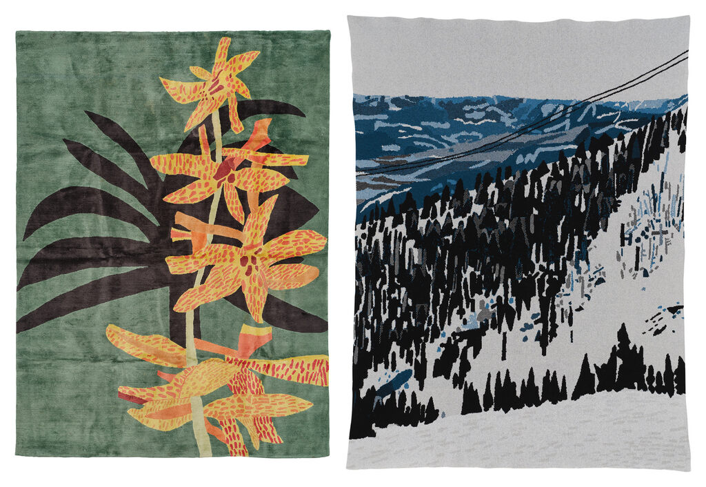 Jonas Wood - Yellow and Orange Orchid Clipping Rug; and Jackson Hole Wyoming Blanket