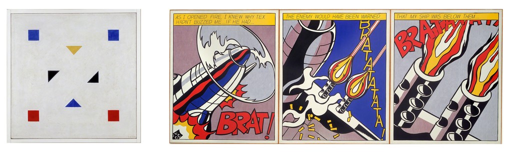 Right: Bart van der Leck, Composition, 1918 – 1920, coll. Stedelijk Museum Amsterdam
Left: Roy Lichtenstein, As I Opened Fire, 1964, coll. Stedelijk Museum Amsterdam
Right: Bart van der Leck, Composition, 1918 – 1920, coll. Stedelijk Museum Amsterdam
Left: Roy Lichtenstein, As I Opened Fire, 1964, coll. Stedelijk Museum Amsterdam