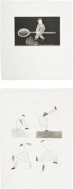 David Hockney, ‘Riding around on a Cooking Spoon; and He Tore Himself in Two, plates 38 and 39 from Illustrations for Six Fairy Tales from the Brothers Grimm’, 1969, Phillips