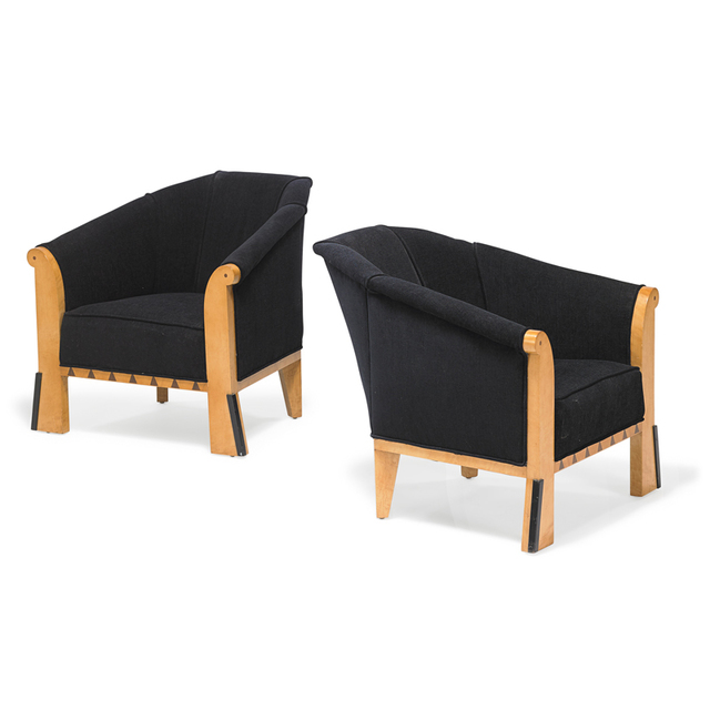 Michael Graves (1934-2015), ‘Pair of lounge chairs, USA’, 1980, Design/Decorative Art, Bird's-eye maple, ebonized wood, upholstery, Rago/Wright