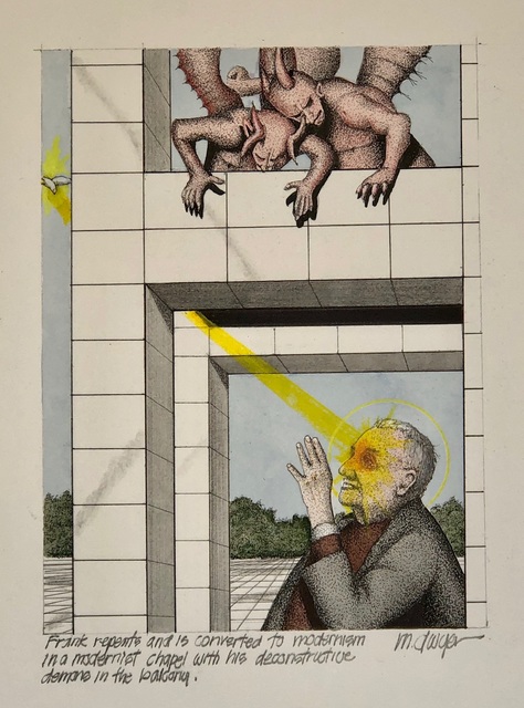 Michael Dwyer, ‘Frank repents and is converted to modernism in a modernist chapel with his deconstructive demons in the balcony.’, 2020, Drawing, Collage or other Work on Paper, Mixed Media on Paper, M.A. Doran Gallery