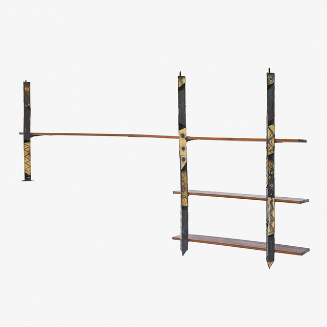 Paul Evans (1931-1987), ‘Shelves, New Hope, PA’, Design/Decorative Art, Torch-cut, welded, bronzed, and enameled steel, walnut, Rago/Wright