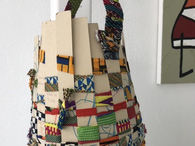 Ugochukwu Onyewuchi, ‘Ekete Basket According to J. Cole's Middle Child’, 2018, Textile Arts, Wood, Ankara fabric from Mali, Niger Ghana and Ivory Coast, fragrance, ink, Superposition