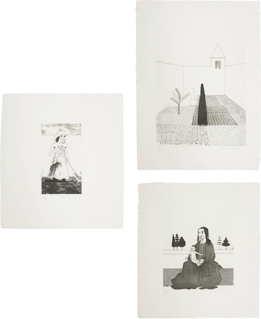 David Hockney, ‘Rapunzel Growing in the Garden; The Enchantress in her Garden; and The Enchantress with the Baby Rapunzel, plates 12, 13 and 14 from Illustrations for Six Fairy Tales from the Brothers Grimm’, 1969, Phillips