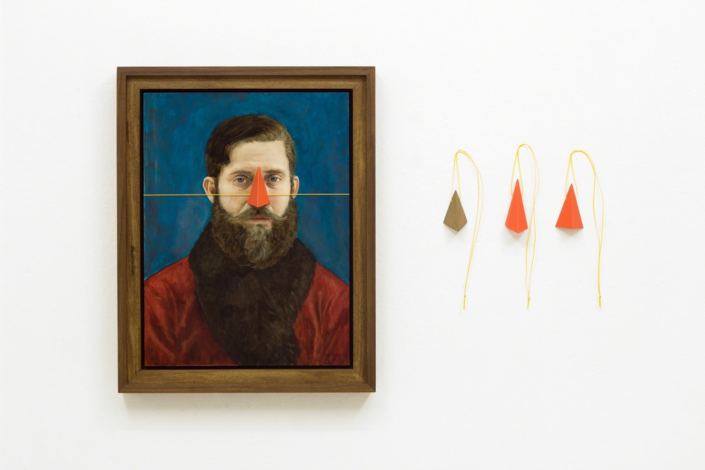 Sebastian Neeb, Third Nose Test , 2015, Oil on board, paper noses and a wooden nose with waxed string, frame, 49.5 x 69.5 x 7 cm Sebastian Neeb, Third Nose Test , 2015, Oil on board, paper noses and a wooden nose with waxed string, frame, 49.5 x 69.5 x 7 cm