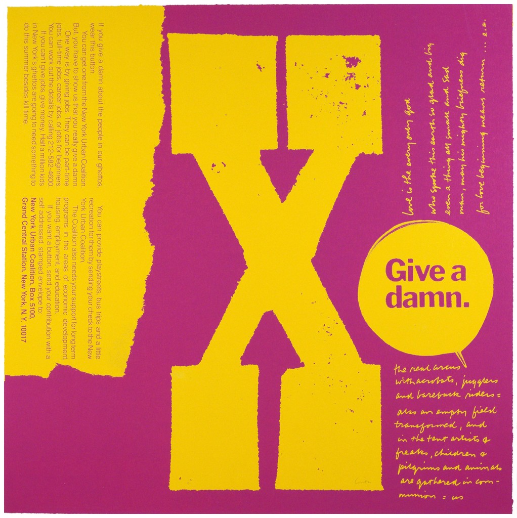 Corita Kent, "X give a damn," 1969, serigraph, 23 x 23 1/8 inches, Tang Teaching Museum collection, gift of Harry Hambly, serigrapher, Hambly Studios, 2016.14.25 Corita Kent, "X give a damn," 1969, serigraph, 23 x 23 1/8 inches, Tang Teaching Museum collection, gift of Harry Hambly, serigrapher, Hambly Studios, 2016.14.25