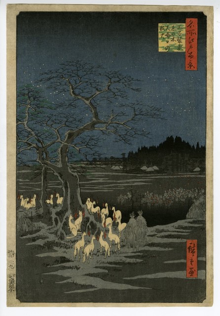 Utagawa Hiroshige (Andō Hiroshige), ‘One Hundred Famous Views of Edo, Kitsunebi on New Year's Eve in Oji’, 1857, Print, Woodblock, Shukado Gallery