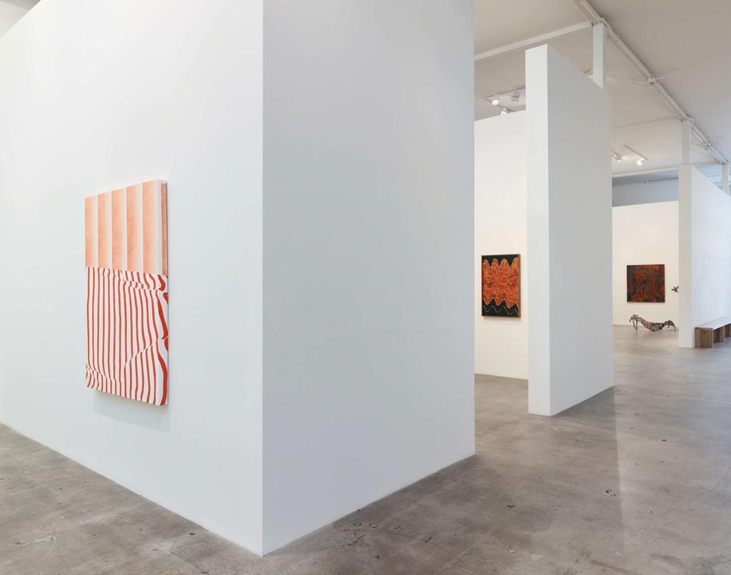 Installation view of "Transfigured." with (left) paintings by Sarah Mikenis; (center) photographs by Evan Whale; and (right) paintings and sculpture by Lionel Sabatté Installation view of "Transfigured." with (left) paintings by Sarah Mikenis; (center) photographs by Evan Whale; and (right) paintings and sculpture by Lionel Sabatté