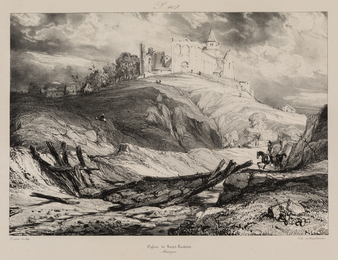 A Group of Six Works by Various Artists: including Château de Larderole, 1832, Église de Saint-Nectaire, Ruines du Château de Bouzols, près du Puy en Velay, 1831, and Vue générale des ruines du château et du village de Saint-Nectaire by Louis-Gabriel-Eugène Isabey (French, 1803-1886) together with Cascades de Thiers, Auvergne and Vue générale de Volvie, Auvergne by James Duffield Harding (English, 1798-1863)