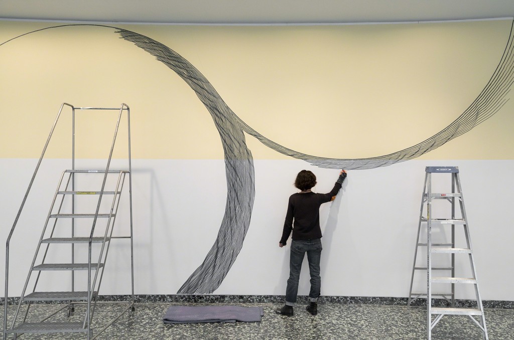 Linn Meyers at work on Our View from Here, 2016, at the Hirshhorn Museum and Sculpture Garden, Smithsonian Institution, Washington, DC . Photo: Cathy Carver Linn Meyers at work on Our View from Here, 2016, at the Hirshhorn Museum and Sculpture Garden, Smithsonian Institution, Washington, DC . Photo: Cathy Carver