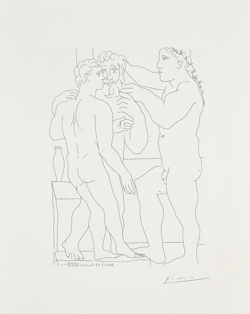 Pablo Picasso, ‘Jeune sculpteur Grec avec sa sculpture: un homme et un Éphèbe (Young Greek Sculptor with his Sculpture: A Man and an Ephebe), plate 52 from La Suite Vollard’, 1933, Print, Etching, on Montval paper watermarked Vollard, with full margins., Phillips
