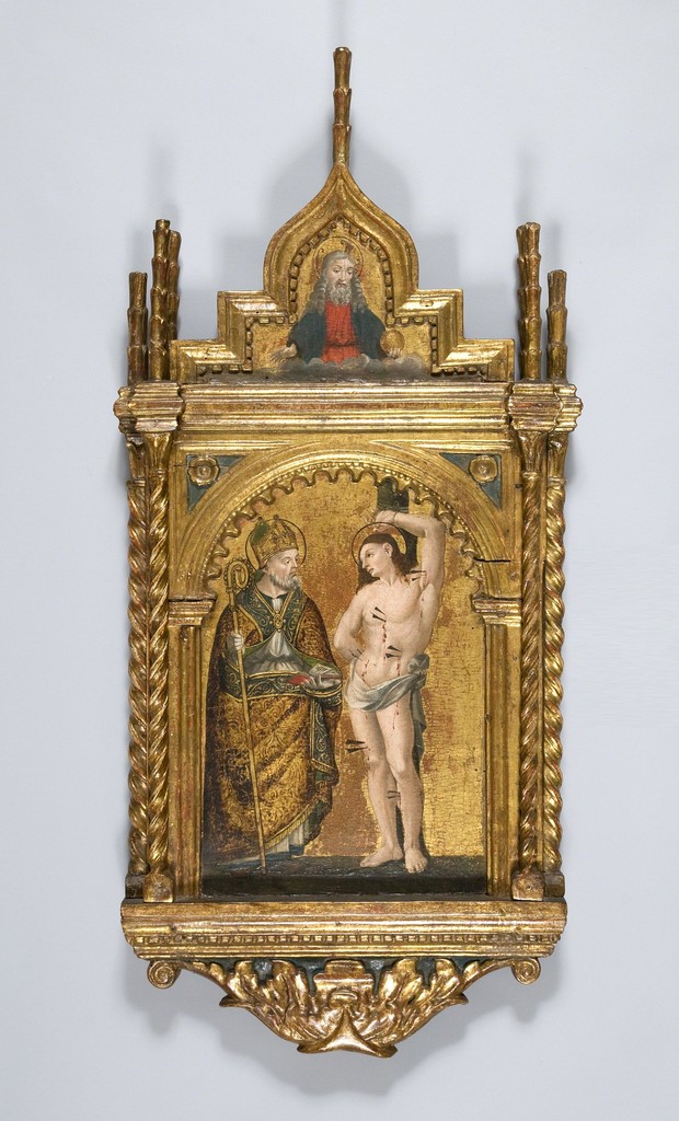 Intallation view of gilt altarpiece depicting Saint Sebastian. 15th century, 95 x 45 x 8 cm. Private collection.
Ingleby, Edinburgh (22 August - 16 September 2017) Intallation view of gilt altarpiece depicting Saint Sebastian. 15th century, 95 x 45 x 8 cm. Private collection.
Ingleby, Edinburgh (22 August - 16 September 2017)