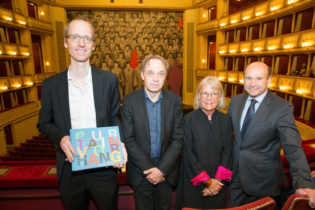 Press Conference on 18 October 2017 with Kaspar Mühlemann Hartl, Rainer Fuchs, Kathrin Messner and Dominique Meyer, in front of John Baldessari's "Graduation", Safety Curtain 2017/2018, Vienna State Opera, museum in progress. Photo: Andreas Scheiblecker, Copyright: museum in progress (www.mip.at) Press Conference on 18 October 2017 with Kaspar Mühlemann Hartl, Rainer Fuchs, Kathrin Messner and Dominique Meyer, in front of John Baldessari's "Graduation", Safety Curtain 2017/2018, Vienna State Opera, museum in progress. Photo: Andreas Scheiblecker, Copyright: museum in progress (www.mip.at)