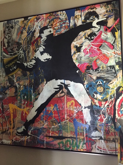 Mr. Brainwash, ‘"Bansky Thrower"’, 2014, Painting, Stencil, paper, spray-paint and acrylic on wood, Parlor Gallery