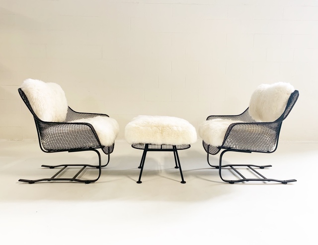 Russell Woodard Sculptura Lounge Chairs And Ottoman With Sheepskin Cushions 1950s Artsy