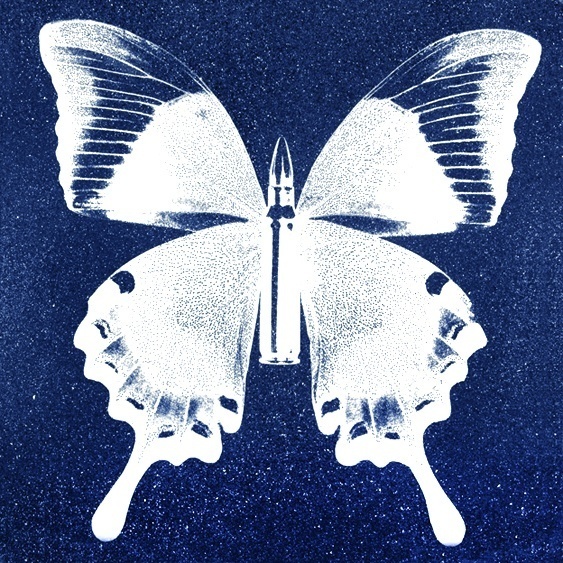 Rubem Robierb, ‘Silver Butterfly on Blue’, Print, Hand painted silkscreen and diamond dust on canvas, Art Angels