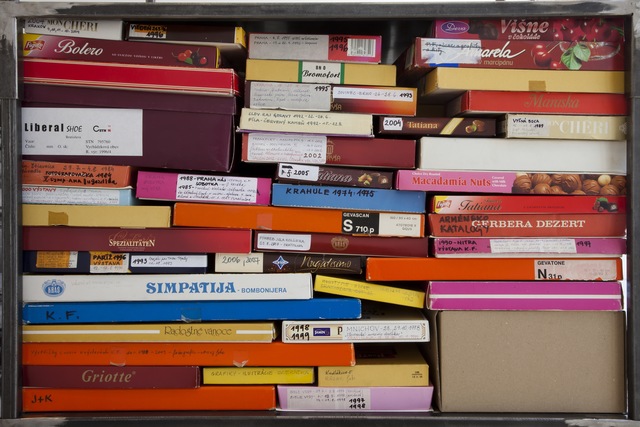 Petra Feriancova, ‘Vulnerable yet everlasting I.’, 2015, Installation, Containers of the Archive of Květa Fulierová – original chocolate and photo paper boxes on metal construction, VILTIN Gallery