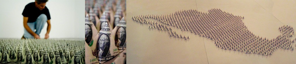 Davis Birks, Install detail: Empire 2, 2009, Folded paper with laser printed images and one US dollar note, Dimensions variable. Davis Birks, Install detail: Empire 2, 2009, Folded paper with laser printed images and one US dollar note, Dimensions variable.