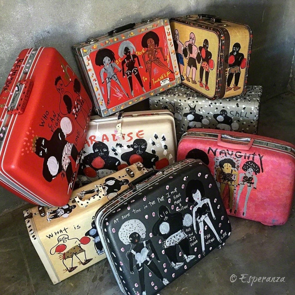 The painted vintage suitcases were collected, featured by press & on instagram during the 2018 NYC Outsider Art Fair • Paint Marker on found vintage suitcases • Artist Richard Kurtz • Esperanza Projects The painted vintage suitcases were collected, featured by press & on instagram during the 2018 NYC Outsider Art Fair • Paint Marker on found vintage suitcases • Artist Richard Kurtz • Esperanza Projects