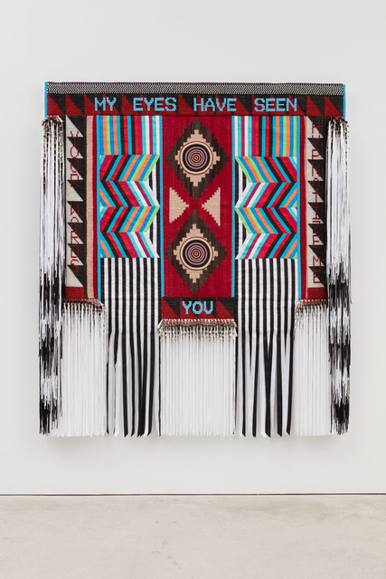 Jeffrey Gibson, ‘YOUR EYES HYPNOTIZE ME’, 2018, Textile Arts, Glass beads, copper and tin jingles, steel and brass studs, and artificial sinew on repurposed trading post weaving and acrylic felt, mounted on canvas, Sikkema Jenkins & Co.