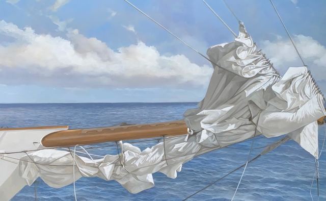 Michel Brosseau, ‘"Tied at Sea" photorealistic oil painting of a folded sail and blue ocean’, 2019, Eisenhauer Gallery