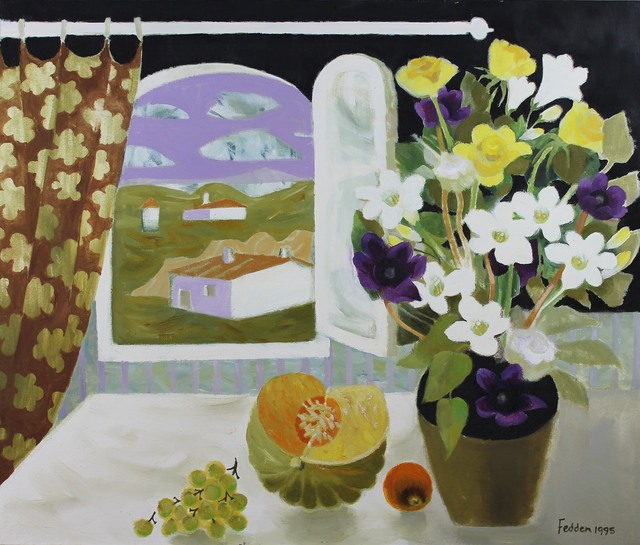 Mary Fedden, ‘Still Life with Flowers and Fruit by an Open Window’, 1995, Painting, Oil on Canvas, Castlegate House Gallery