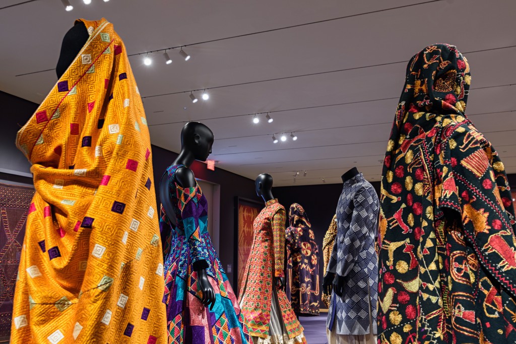 Installation Photograph of "Phulkari: The Embroidered Textiles of Punjab from the Jill and Sheldon Bonovitz Collection" Courtesy of the Philadelphia Museum of Art. Installation Photograph of "Phulkari: The Embroidered Textiles of Punjab from the Jill and Sheldon Bonovitz Collection" Courtesy of the Philadelphia Museum of Art.