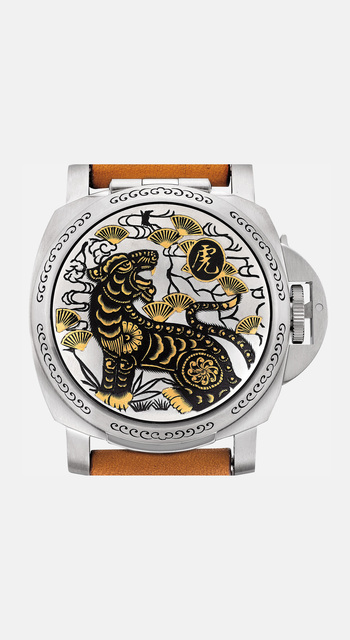 Panerai, ‘An attractive and rare limited edition stainless steel and inlaid gold wristwatch with date and concealed dial made for the year of the tiger, presentation box and international guarantee’, 2009, Phillips
