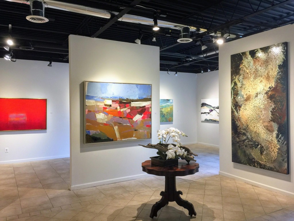Signs of Spring Exhibition. Pictures (L-R): Scott Upton, Passion and Pleasure, 36 x 60; Cathryn Miles, Rocks in the Sun, 48 x 60; Paul Tamanian, Champagne Dream, 48 x 92; background, partially visible, works by Cathryn Miles and Chris Dolan Signs of Spring Exhibition. Pictures (L-R): Scott Upton, Passion and Pleasure, 36 x 60; Cathryn Miles, Rocks in the Sun, 48 x 60; Paul Tamanian, Champagne Dream, 48 x 92; background, partially visible, works by Cathryn Miles and Chris Dolan