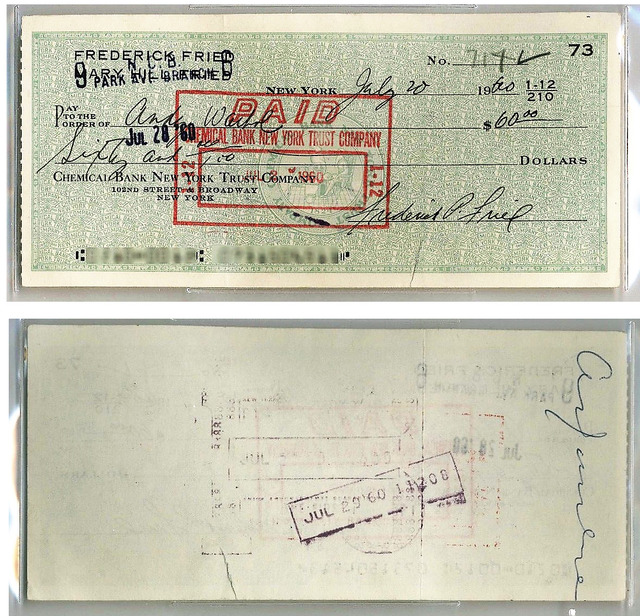Andy Warhol, ‘"Window Dresser Check", To Andy (signed) From Fredrick Fried Director at Bonwit Teller’, 1960, VINCE fine arts/ephemera