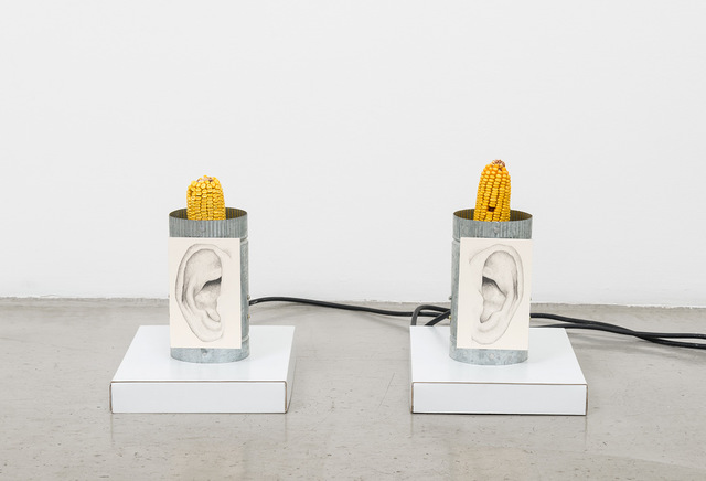 Jesse Stecklow, ‘Ear Wiggler (Left and Right)’, 2015, Sculpture, Dried corn, drawing, aluminum, duct fan parts, modified shoebox lid, wood, wire, timer, M+B