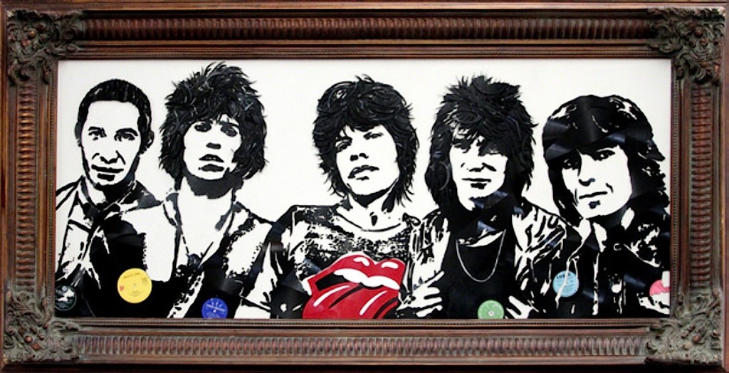 Rolling Stones by Mr. Brainwash, a mixed media painting using broken vinyl records. Rolling Stones by Mr. Brainwash, a mixed media painting using broken vinyl records.