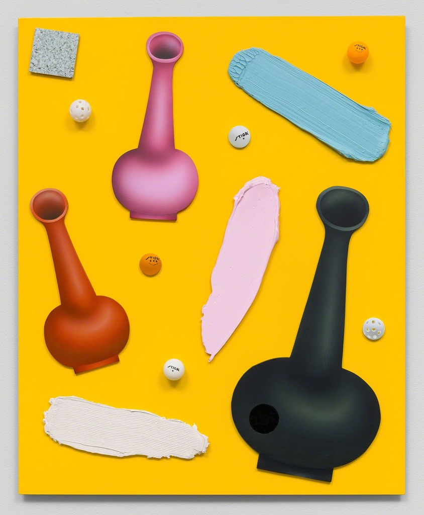 Ben Sanders, "Untitled", 2016
Acrylic on magnet-inlaid MDF, rubber, ping pong balls, wiffle ball on enameled steel
28” x 34.5” Ben Sanders, "Untitled", 2016
Acrylic on magnet-inlaid MDF, rubber, ping pong balls, wiffle ball on enameled steel
28” x 34.5”