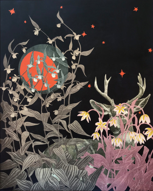 Julia Lucey, ‘Black-Tailed Deer Under Three Quarter Moon’, 2019, Mixed Media, Collage, Aquatint Etchings & Acrylic Paint on Panel, MiXX projects + atelier
