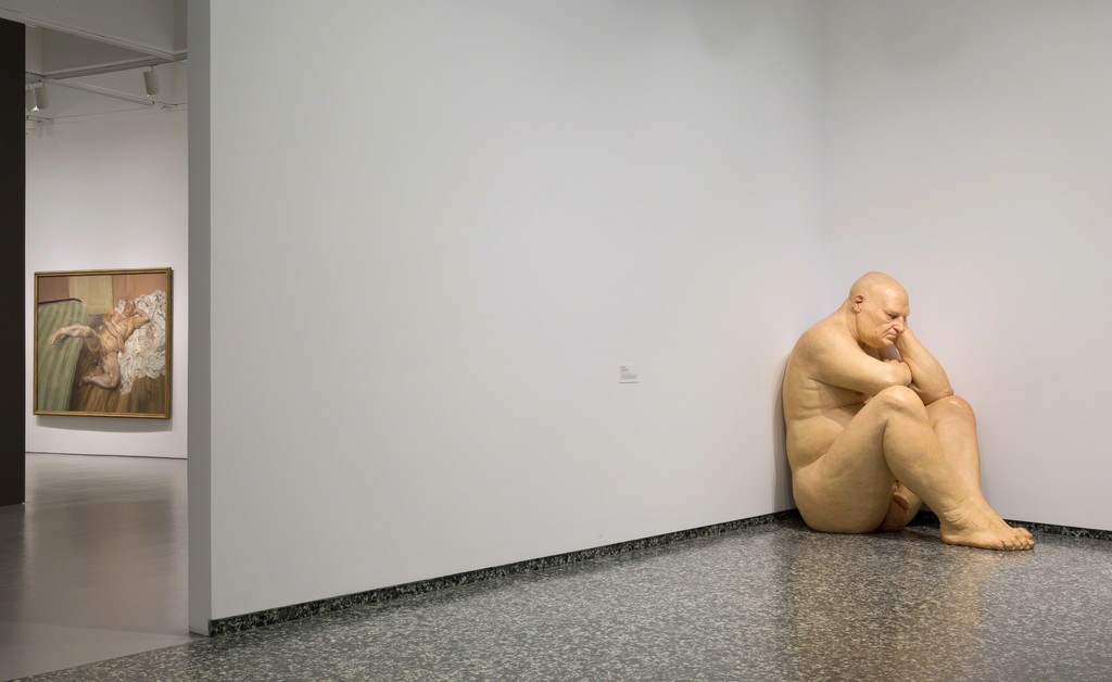 Installation view of Masterworks from the Hirshhorn Collection at the Hirshhorn Museum and Sculpture Garden, 2016. Left to right: Lucian Freud, Nude with Leg Up (Leigh Bowery), 1992; Ron Mueck, Untitled (Big Man), 2000. Photo: Cathy Carver Installation view of Masterworks from the Hirshhorn Collection at the Hirshhorn Museum and Sculpture Garden, 2016. Left to right: Lucian Freud, Nude with Leg Up (Leigh Bowery), 1992; Ron Mueck, Untitled (Big Man), 2000. Photo: Cathy Carver