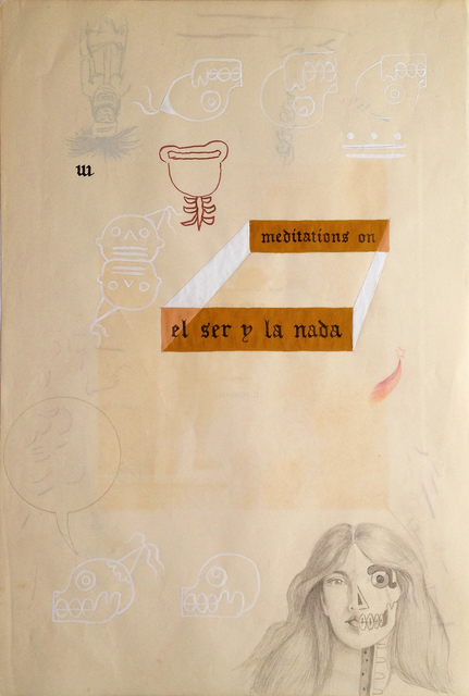 Enrique Chagoya, ‘Ghostly Meditations (meditations on el ser y la nada)’, 2012, Mixed Media, Acrylic and India ink on de-acidified 19th century paper (facing pages of etchings from a 19th century book), Lisa Sette Gallery