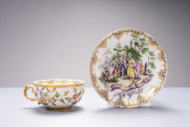 Nymphenburg Porcelain Manufactory, ‘Tea cup and saucer with relief decoration, painted with a biblical scene’, 1755, Design/Decorative Art, Nymphenburg porcelain, Langeloh Porcelain