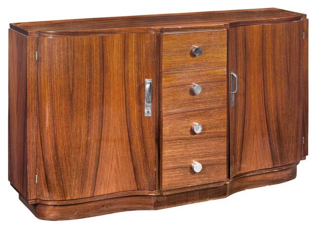 ‘Art Deco Rosewood Cabinet’, Design/Decorative Art, Shaped rectangular top with pair of doors flanking two short drawers and a door., Doyle