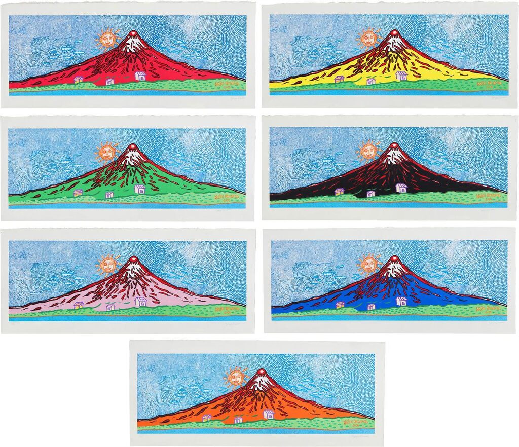 Yayoi Kusama - i. Red Fuji: Mt. Fuji, I love; ii. Yellow Fuji: My life shining forever, this human love shall not perish e...