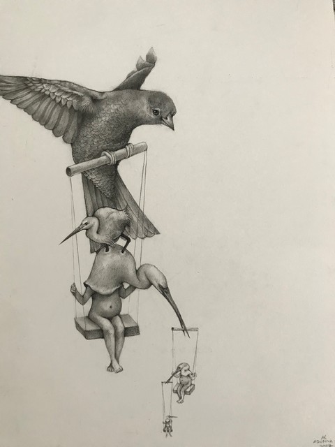 Adonna Khare, ‘Birds on Swings’, 2017, Drawing, Collage or other Work on Paper, Carbon Pencil on Paper, Visions West Contemporary