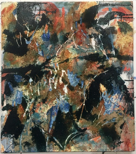 Peter Bonner, ‘Crow steals fire’, 2020, Mixed Media, Oil and sand on panel, Anita Shapolsky Gallery