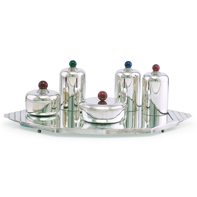 Jean E. Puiforcat, ‘Five Art Deco canisters on associated tray by unidentified maker, France’, 1930s, Rago/Wright